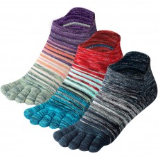 Meaiguo Women's Toe socks No Show Cotton Five Finger Socks For Running Athletic 3 Pairs（Strip1-red/Puple/Green）