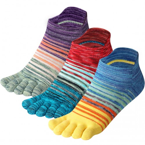 Meaiguo Women's Toe socks No Show Cotton Five Finger Socks For Running Athletic 3 Pairs（Strip1-red/Blue/Purple）